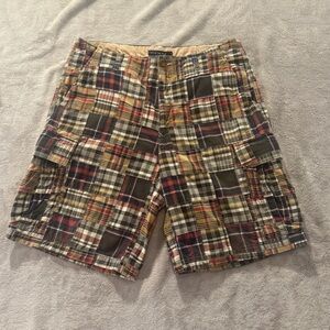 Vintage Y2K Tommy Hilfiger Tan Black Red Madras Patchwork Plaid Cargo Shorts